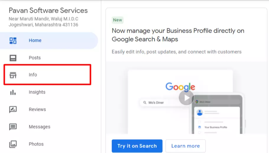 Google Business Profile Manager Clicking On Info Button