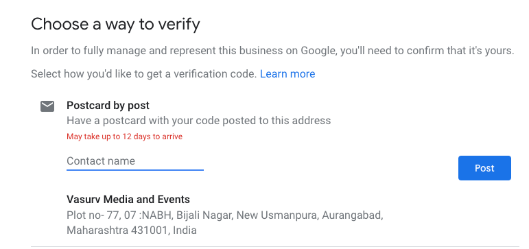 Google My Business Verification Via Postcard