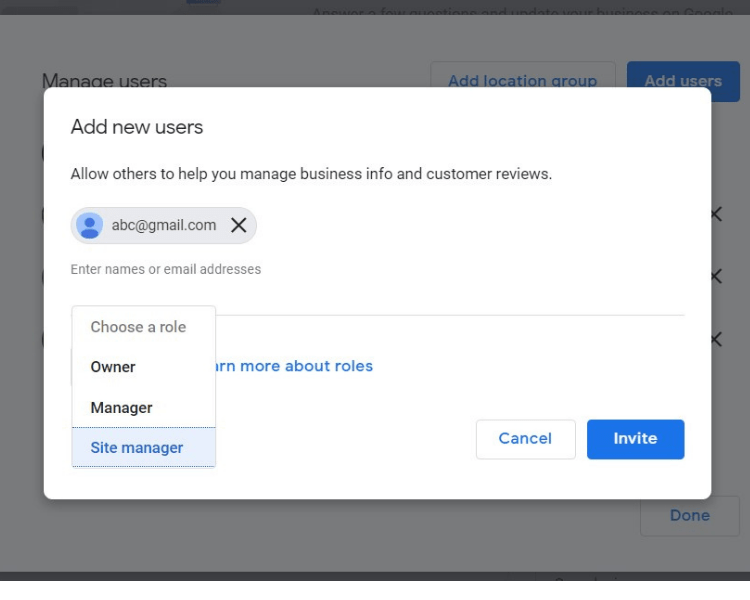 add new user section in google my business