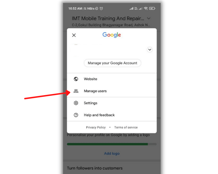 Select "Manage Users" Option In Google My Business App