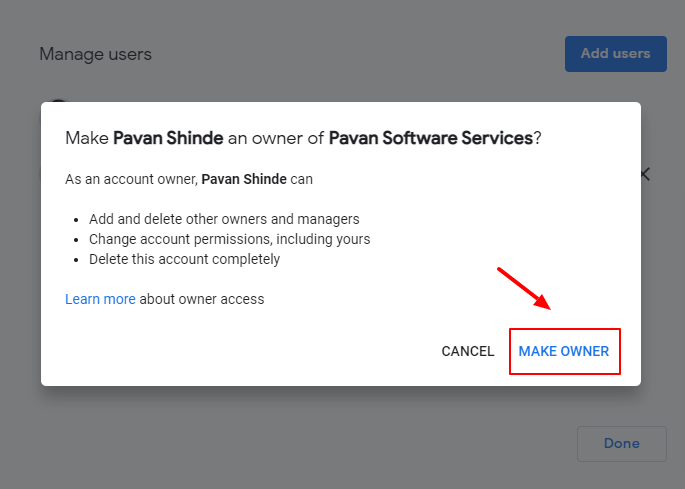 Clicking On The Make Owner Button In Google Business Account