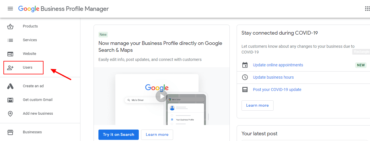 Clicking On Users Tab In Google My Business Dashboard