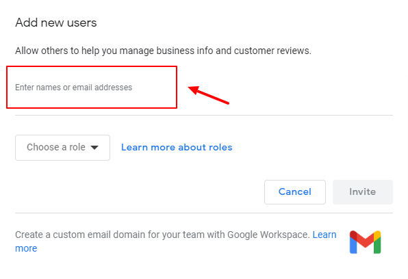Entering Email For Transferring Google My Business Ownership