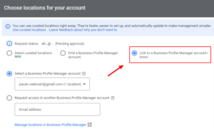 Selecting Link To a Business Profile Manager Option In Google Business Profile